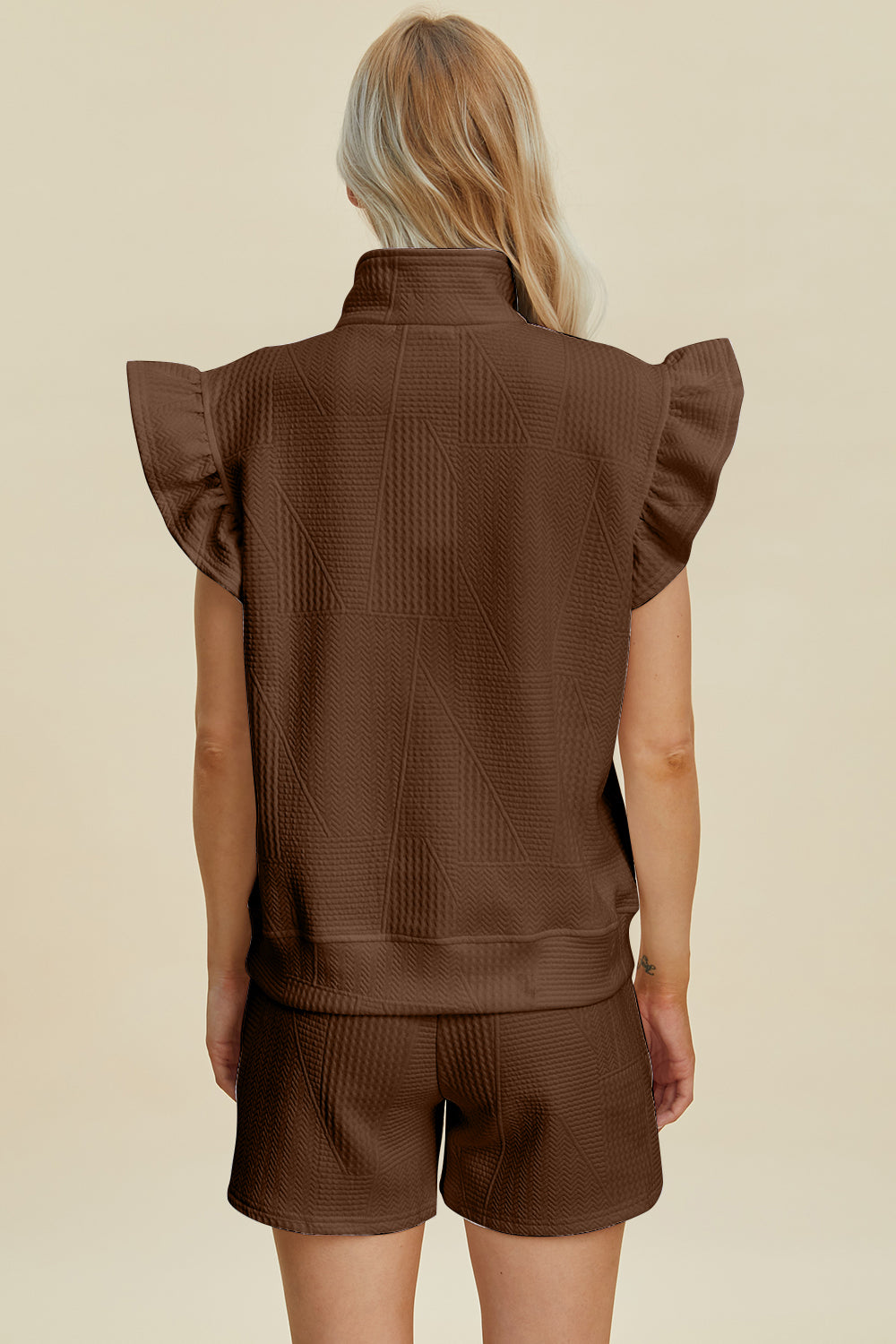 Full Size Texture Flounce Sleeve Top and Shorts Set