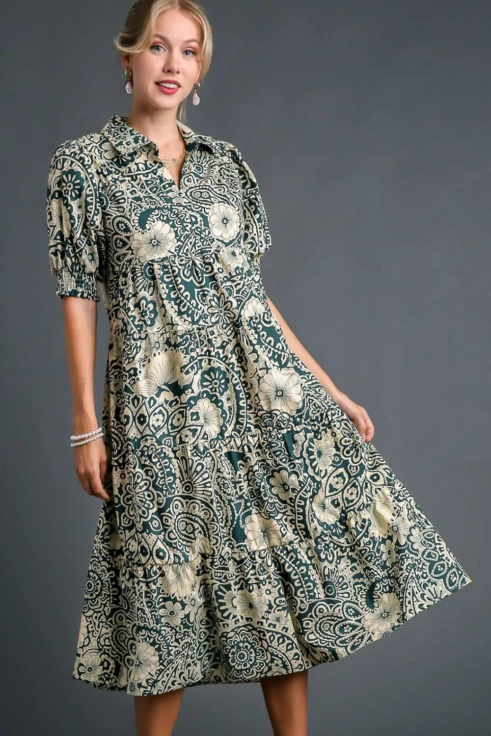 Printed Smocked Cuff Puff Sleeve Midi Dress Plus Size