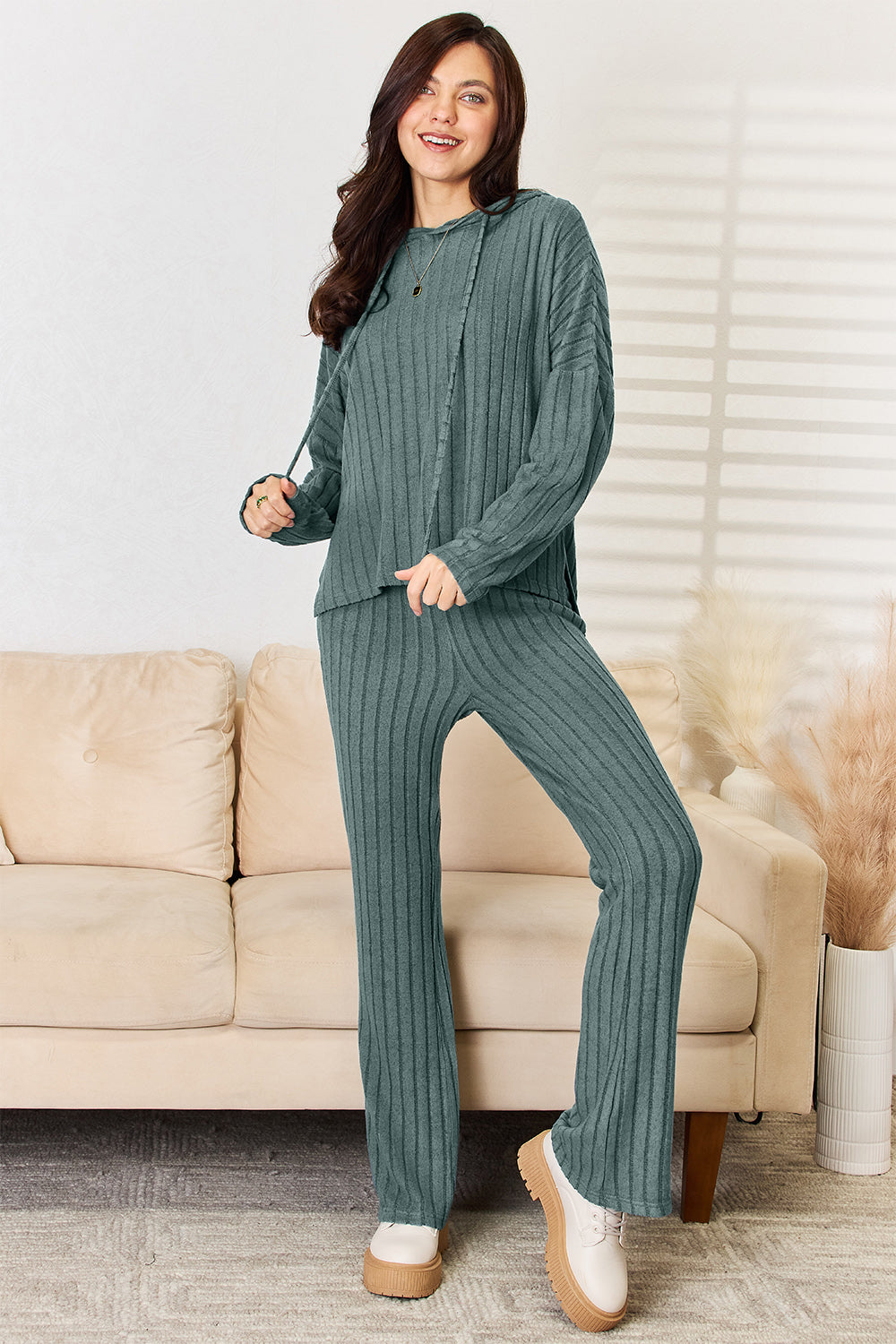 Full Size Ribbed Drawstring Hooded Top and Straight Pants Set