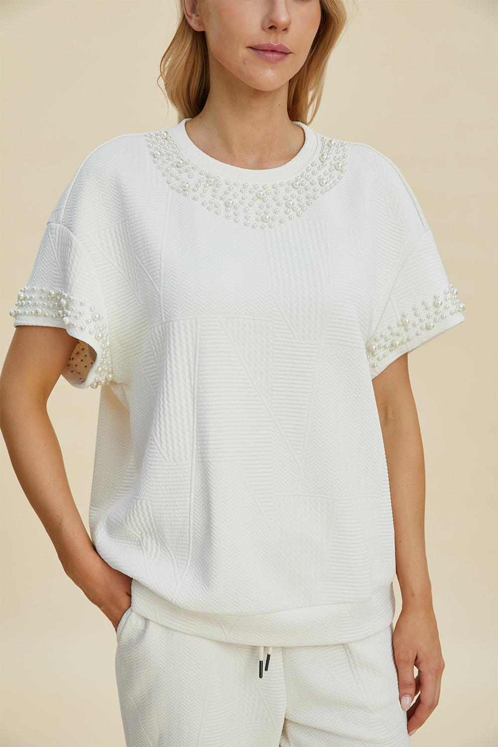 Full Size Pearl Detail Round Neck Top and Pants Set