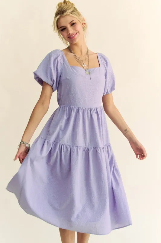 Textured Fabric Short Puff Sleeve Midi Dress