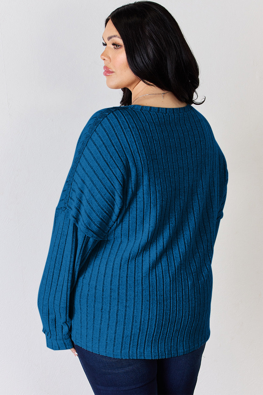 Full Size Ribbed Half Button Long Sleeve T-Shirt