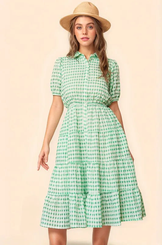 Checkered Puff Sleeve Tiered Shirt Dress