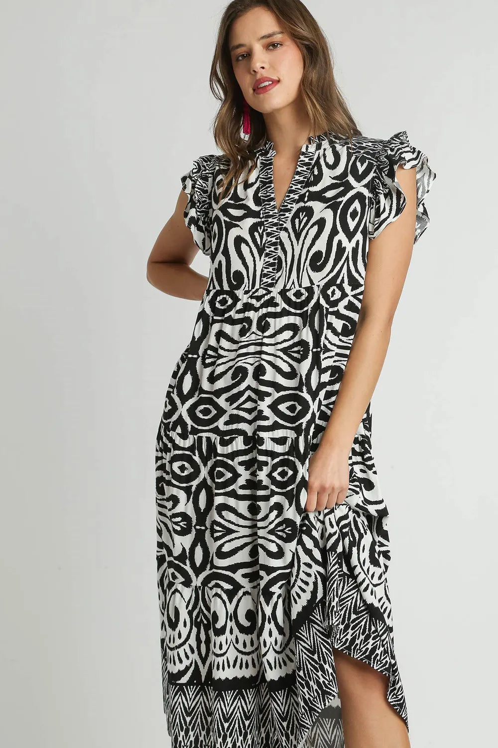 Two Tone Border Print Ruffle Cap Sleeve Midi Dress Plus Size