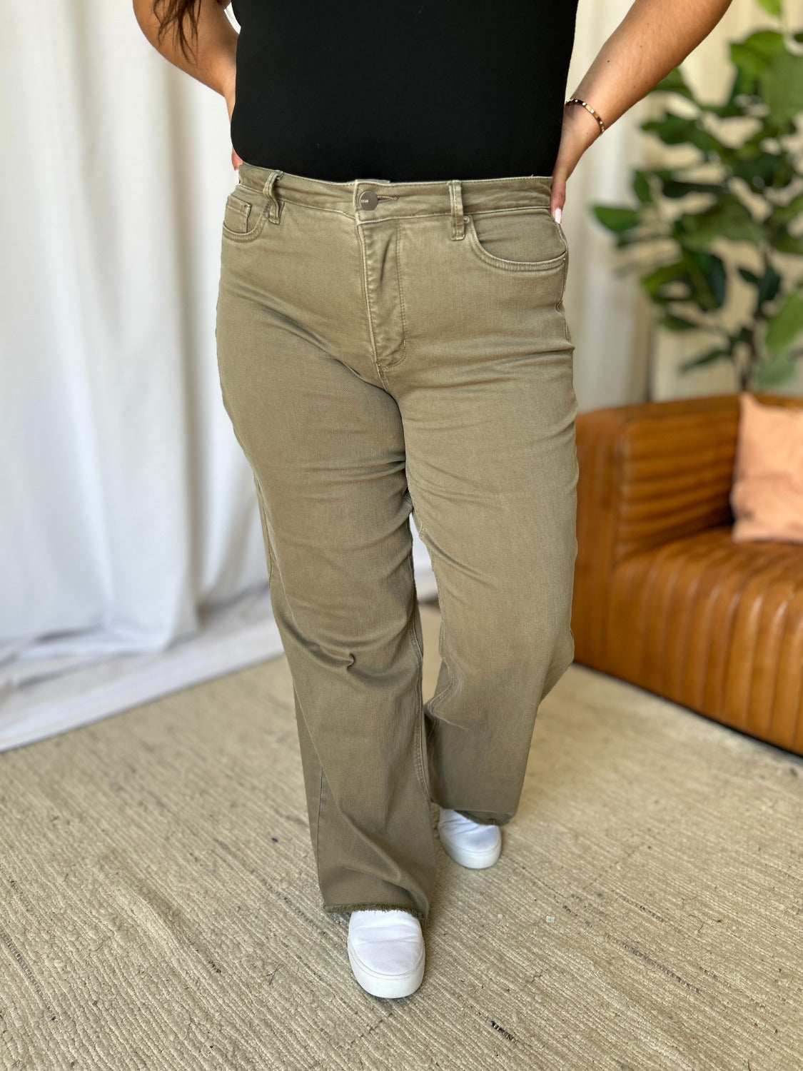 Full Size High Rise Garment Dye Wide Leg Jeans
