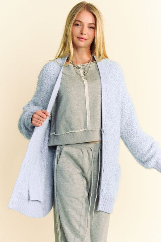 Ribbed Hem Button Up Long Sleeve Cardigan