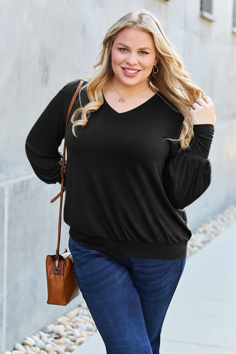 Full Size V-Neck Lantern Sleeve Top