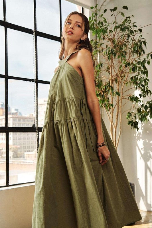 Crisscross Wide Strap Drawstring Detail Midi Dress