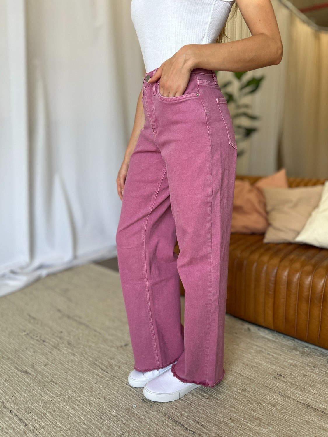 Full Size High Rise Garment Dye Wide Leg Jeans