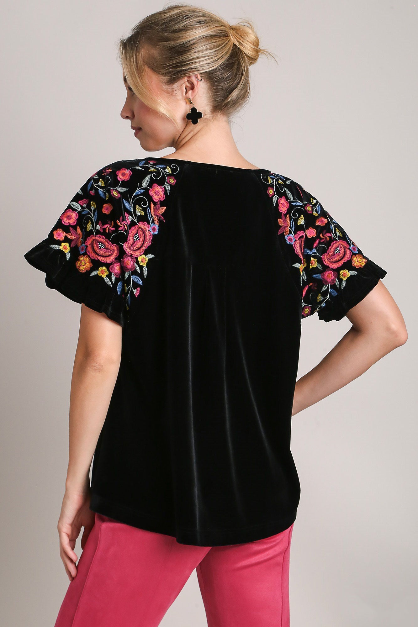 Full Size Velvet Embroidery Short Sleeve Blouse