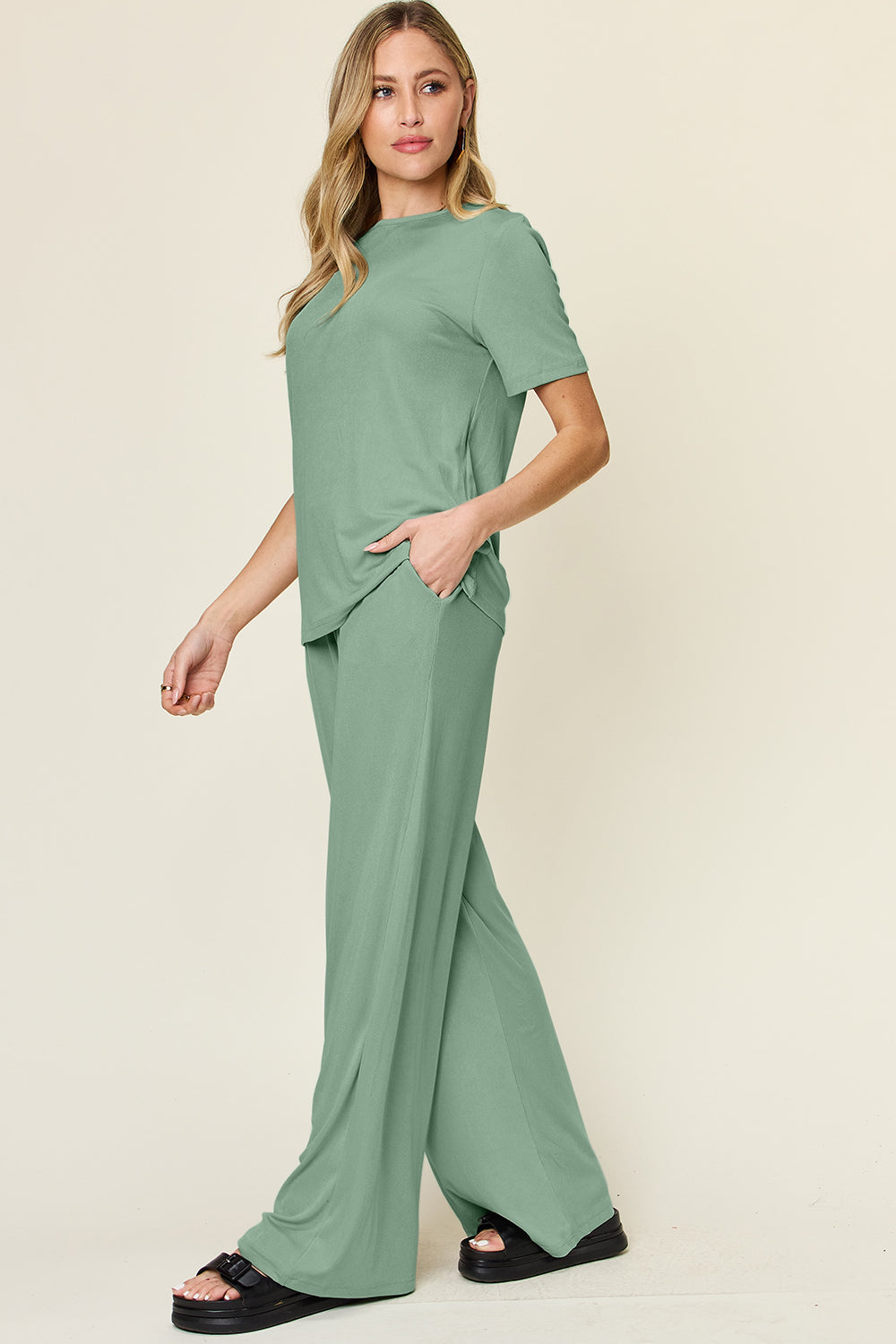 Full Size Round Neck Short Sleeve T-Shirt and Wide Leg Pants Set