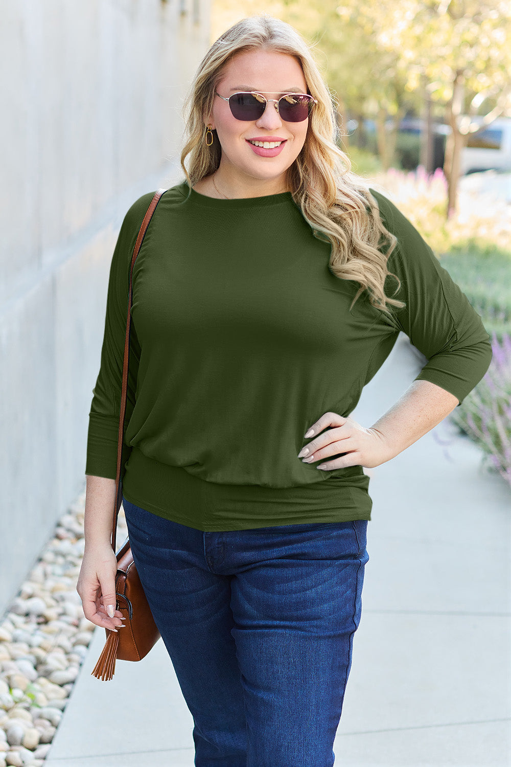 Full Size Round Neck Batwing Sleeve Top
