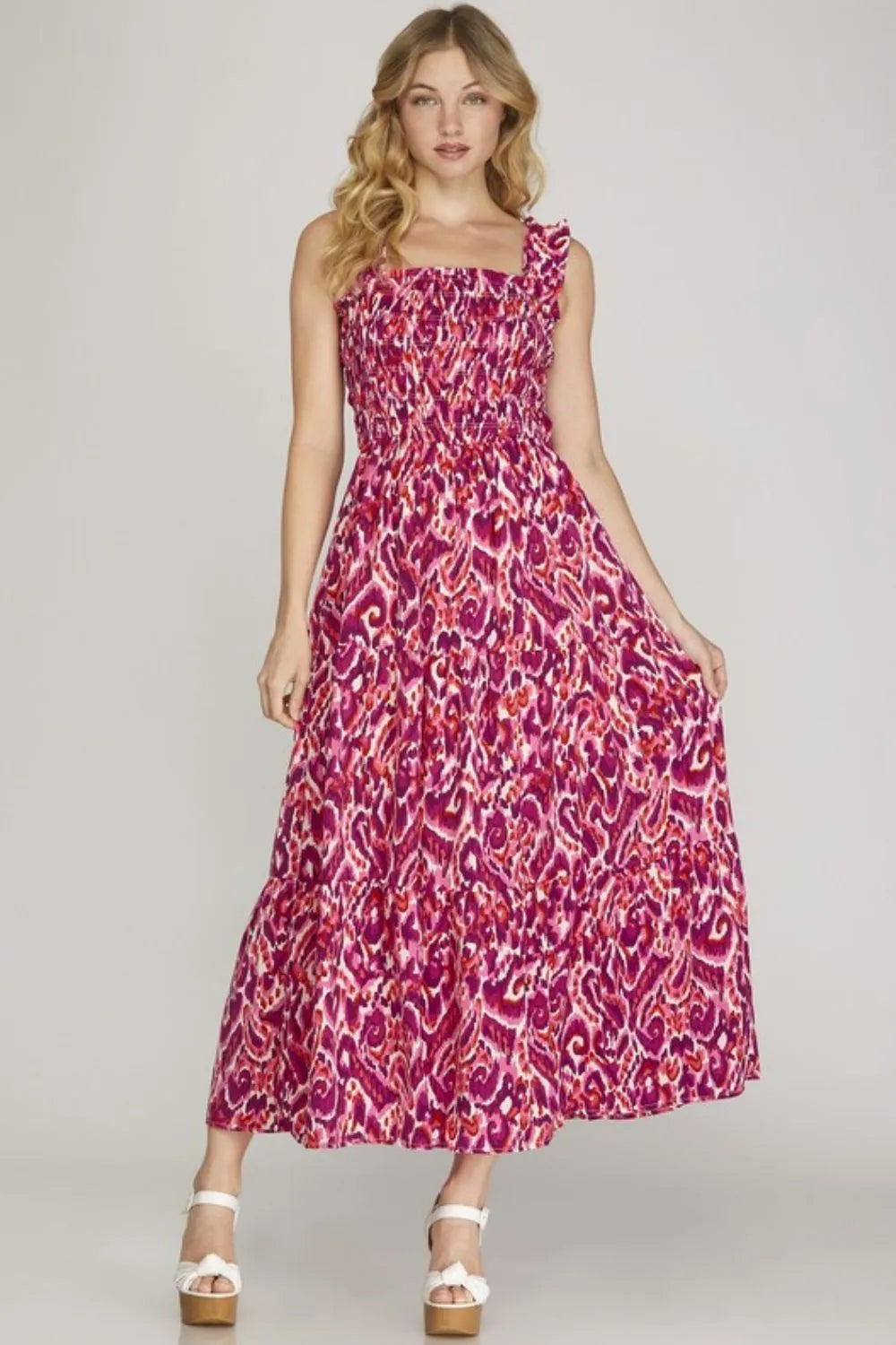 Smocked Printed Wide Strap Tiered Dress Plus Size