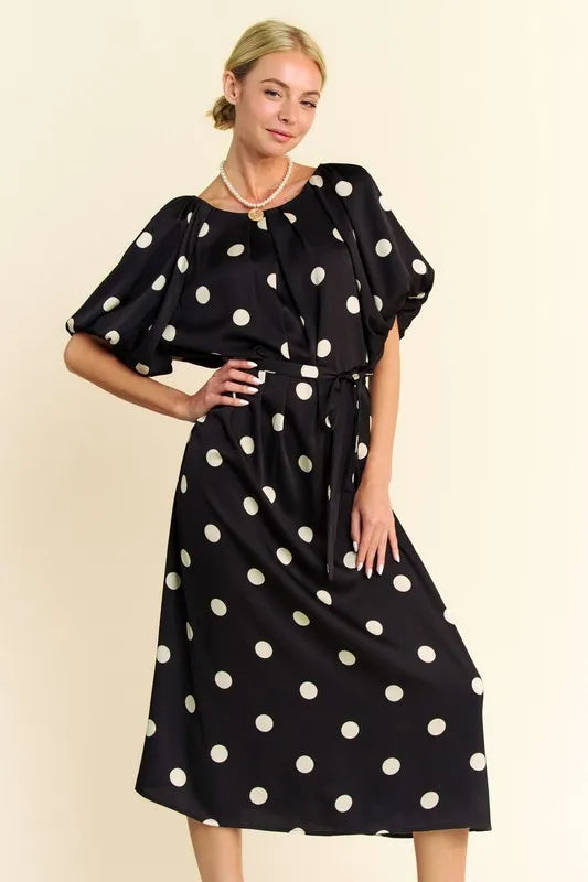 Polka Dot Puff Sleeves Waist Tie Midi Dress