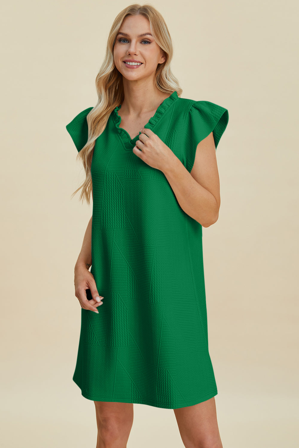 Full Size Ruffled V-Neck Cap Sleeve Dress