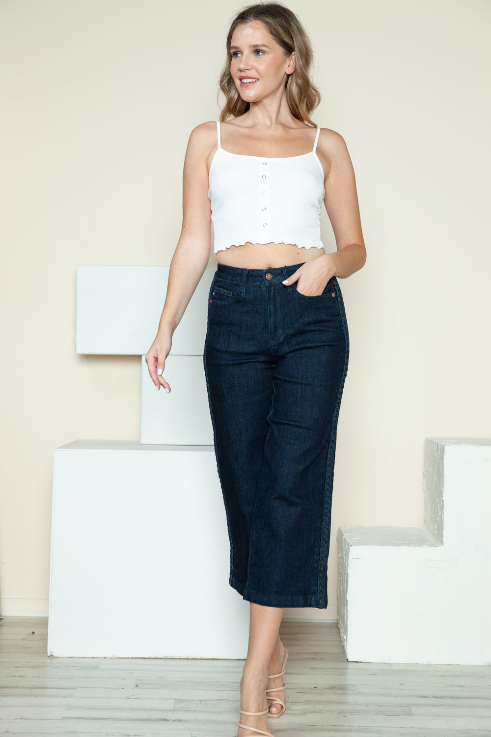 Full Size Side Seam Braid Detail Crop Wide Leg Jeans