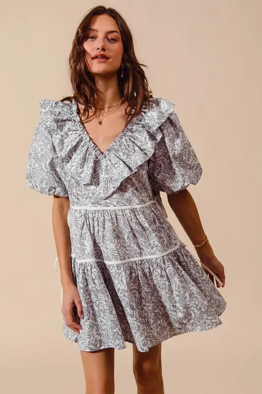 Cotton Printed Ruffle V Neckline Dress with Side Tie