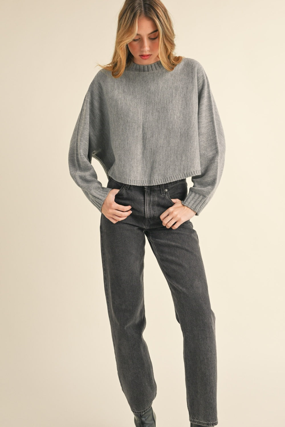 Round Neck Dolman Sleeve Cropped Sweater,.