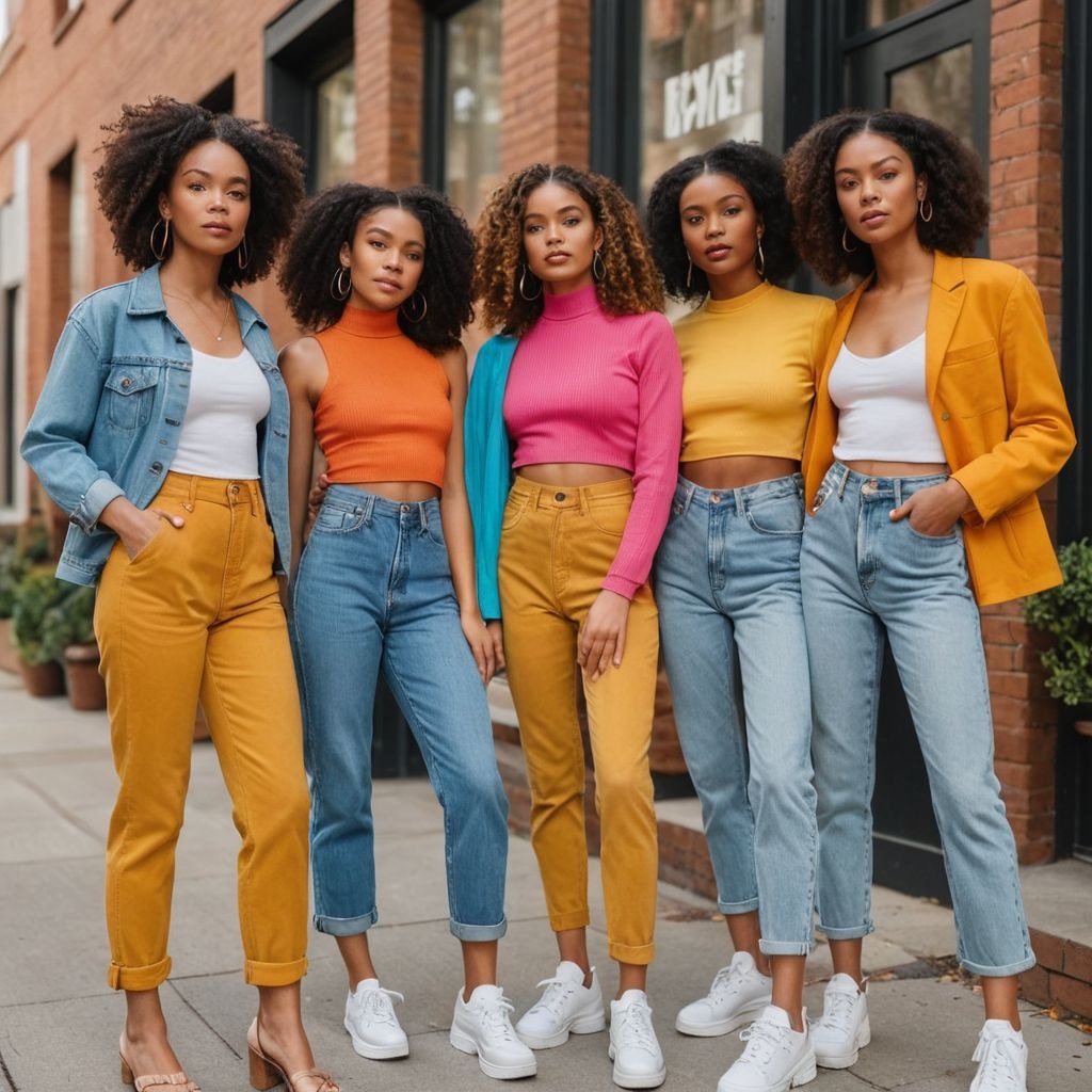 Young women wearing trendy and affordable 2025 women’s clothing in a city backdrop, showcasing sustainable and stylish fashion for the USA market.