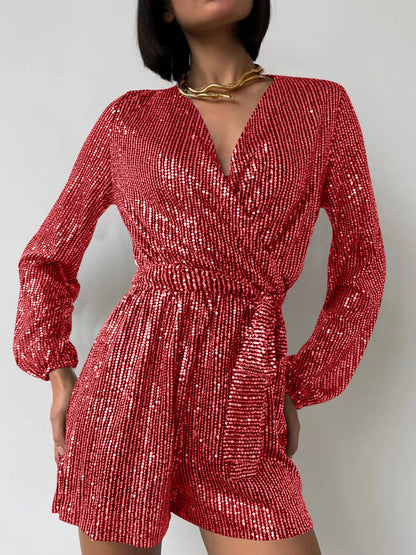 Full Size Sequin Surplice Tie Waist Long Sleeve Romper