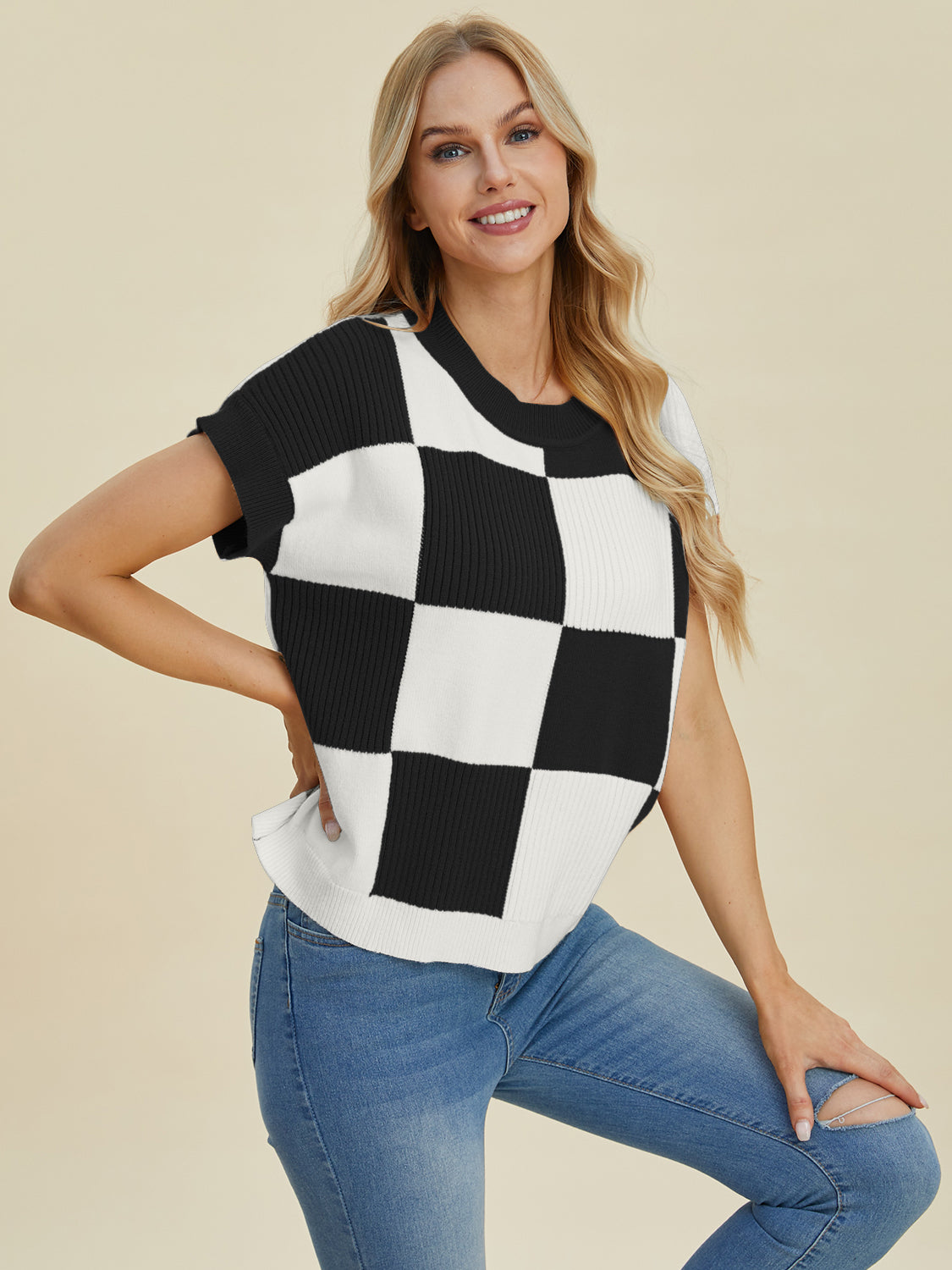 Full Size Chickened Round Neck Short Sleeve Sweater