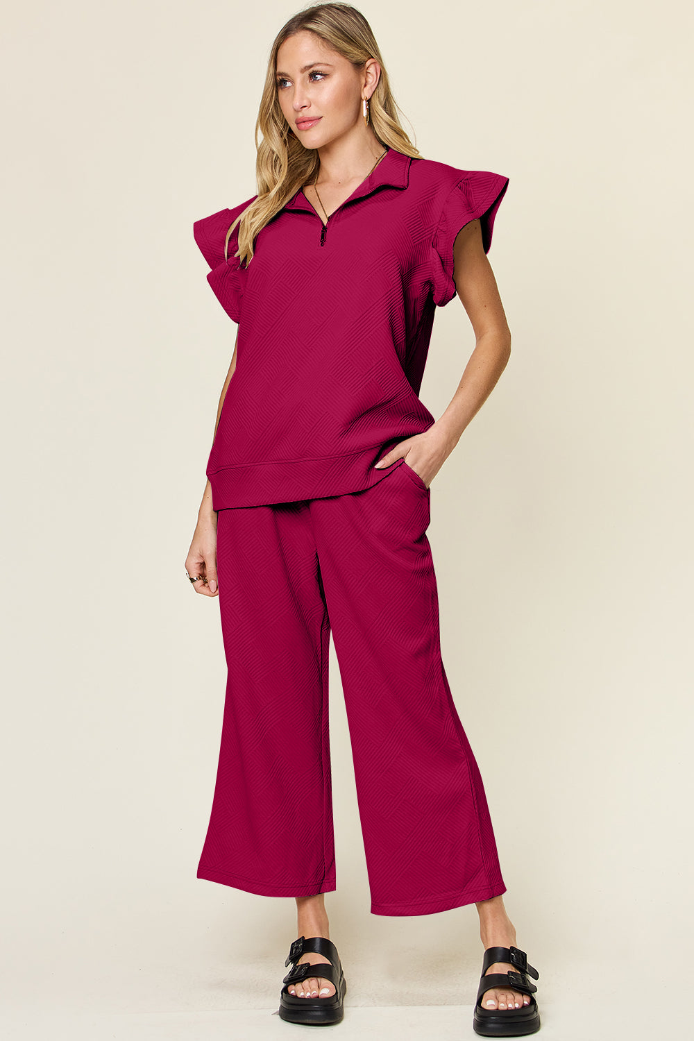 Short Sleeve Top and Drawstring Wide Leg Pants Set