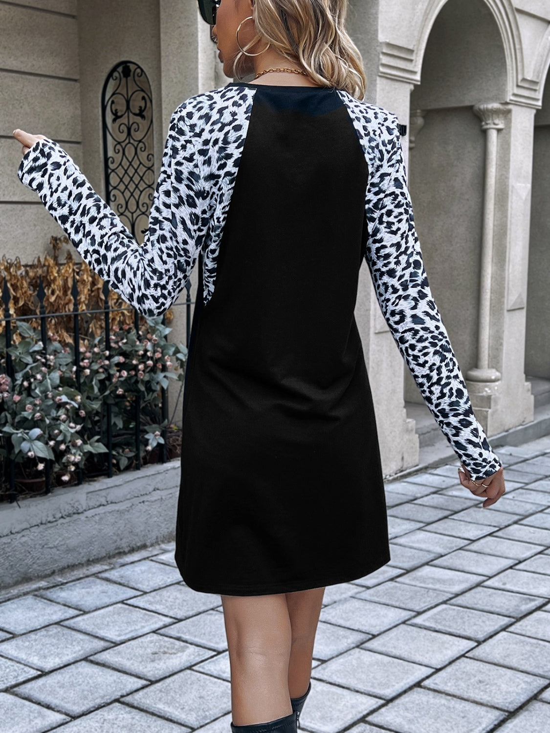 Ivy Lane Leopard Round Neck Long Sleeve Dress