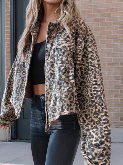 Asymmetrical Hem Collared Neck Leopard Jacket