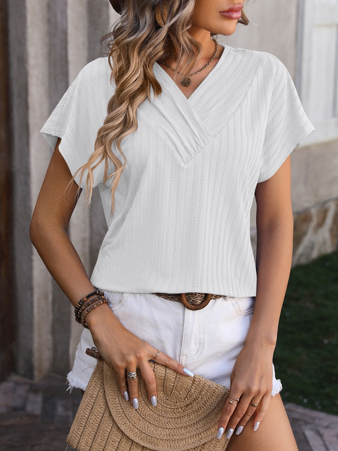 Mandy Textured Surplice Short Sleeve Blouse