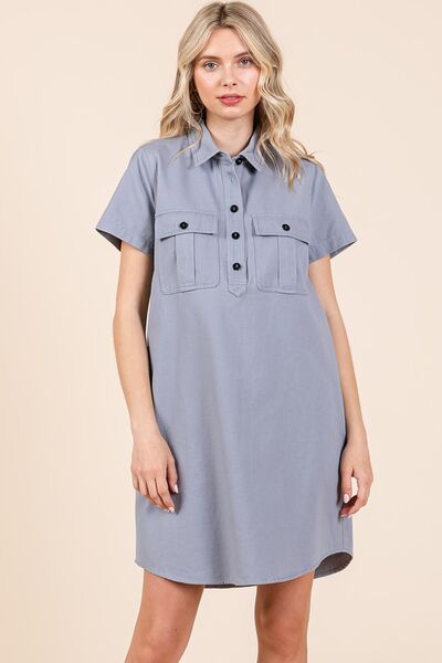 Button Detail Collared Neck Short Sleeve Shirt Dress