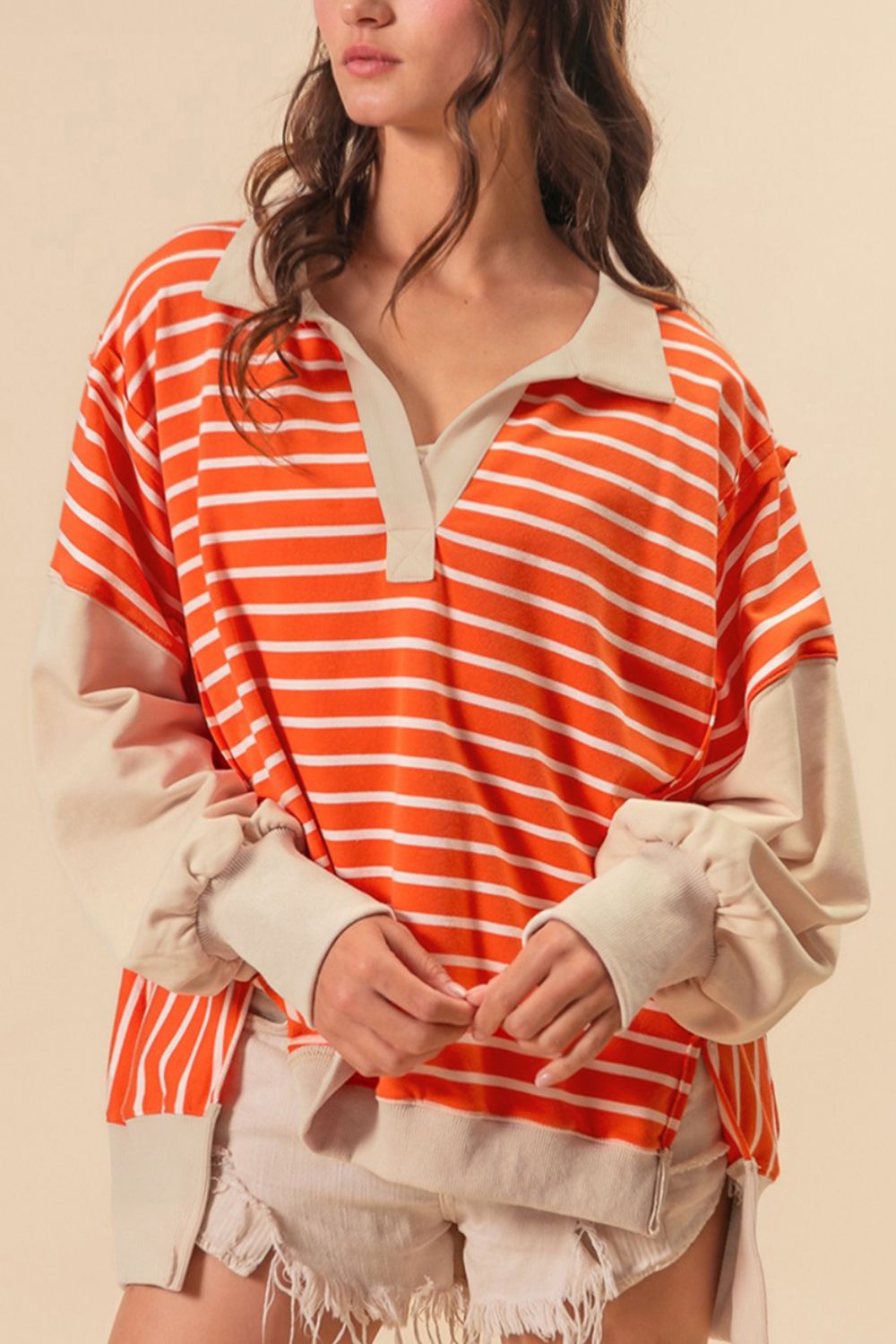 Striped Johnny Collar Long Sleeve Sweatshirt