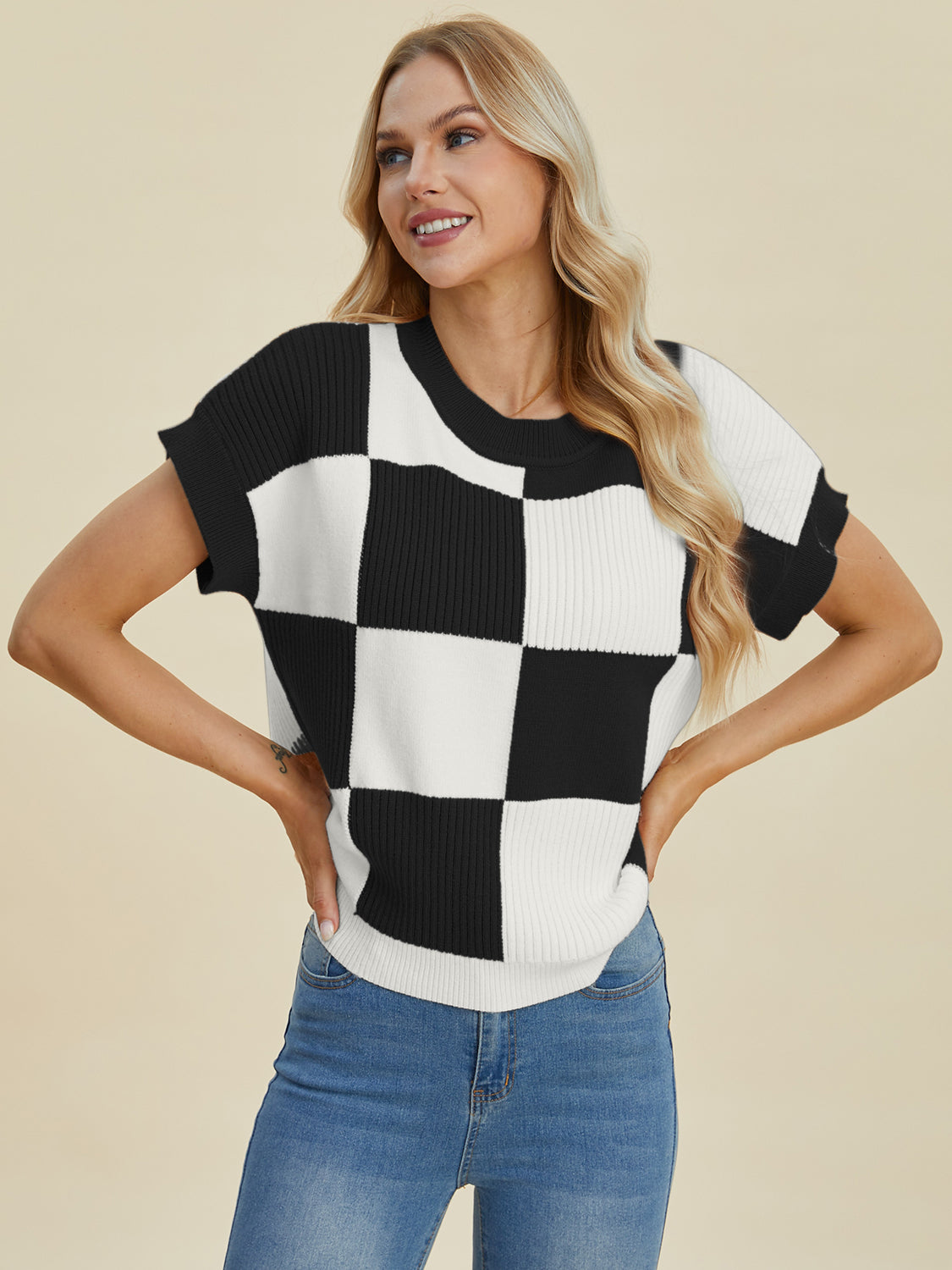 Full Size Chickened Round Neck Short Sleeve Sweater