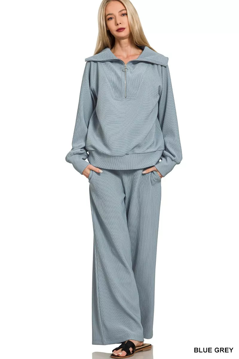 Ribbed High Neck Half Zip Pullover & Pants Set
