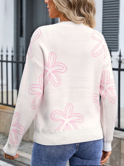 Angel Wings Flower Round Neck Dropped Shoulder Sweater