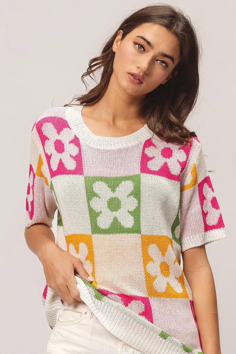 Flower Checker Pattern Lightweight Sweater Top