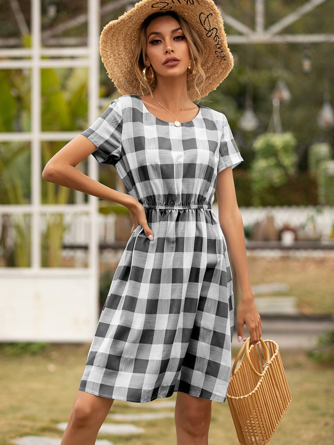 Ivy Lane Smocked Plaid Round Neck Short Sleeve Dress