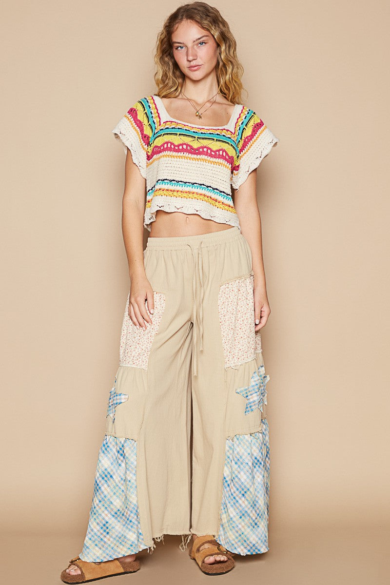 POL Openwork Ethnic Pattern Square Neck Cropped Knit Top