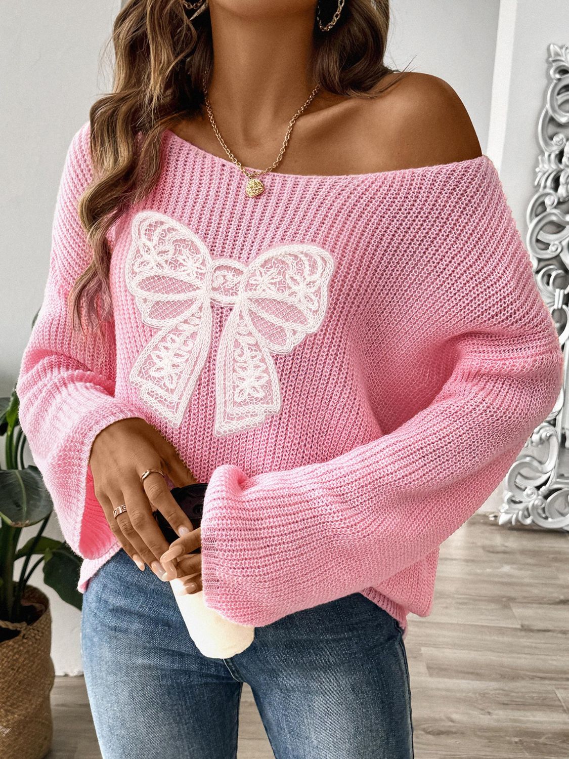 Bow Boat Neck Long Sleeve Sweater