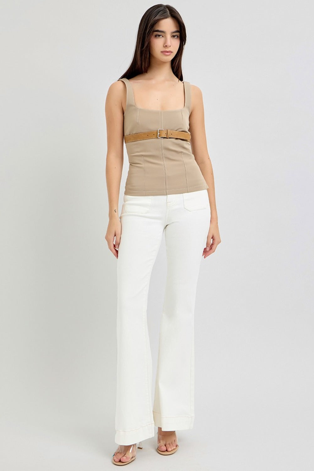 Full Size High Rise Front Patch Pocket Flare Jeans