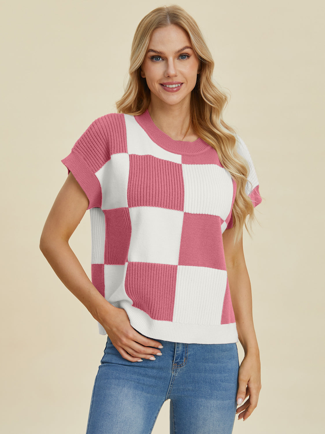 Full Size Chickened Round Neck Short Sleeve Sweater