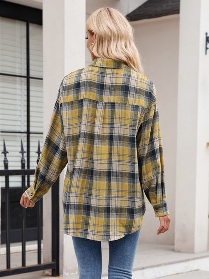 Mandy Pocketed Plaid Collared Neck Long Sleeve Shirt