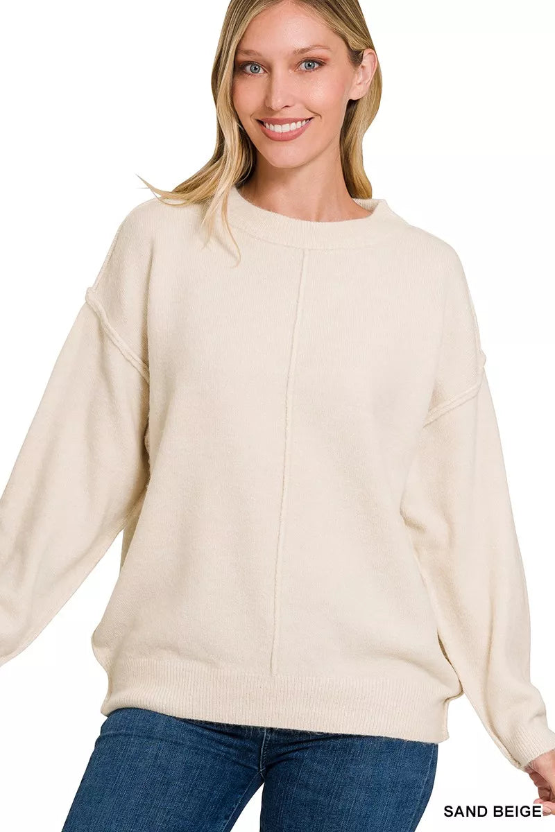 Melange Front Seam Round-Neck Sweater