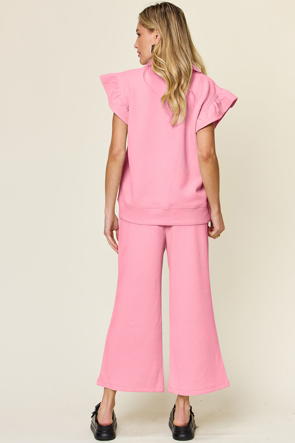 Short Sleeve Top and Drawstring Wide Leg Pants Set