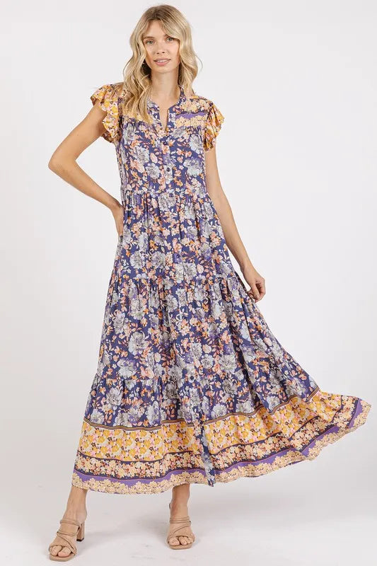 Floral Ruffled Notched Cap Sleeve Maxi Dress