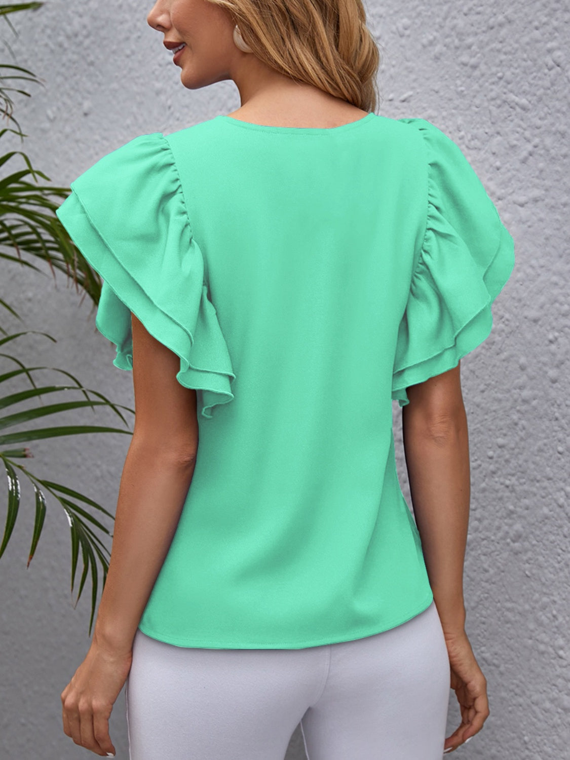 FAM-FAM Round Neck Flounce Sleeve Blouse