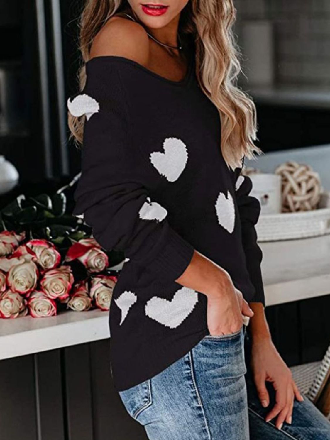 Heart Scoop Neck Long Sleeve Sweater