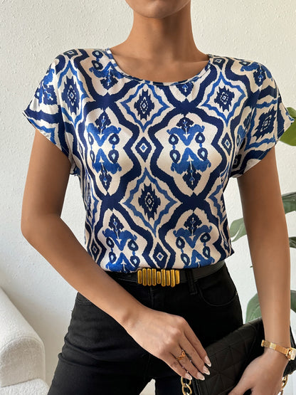 Honey Printed Round Neck Short Sleeve Blouse