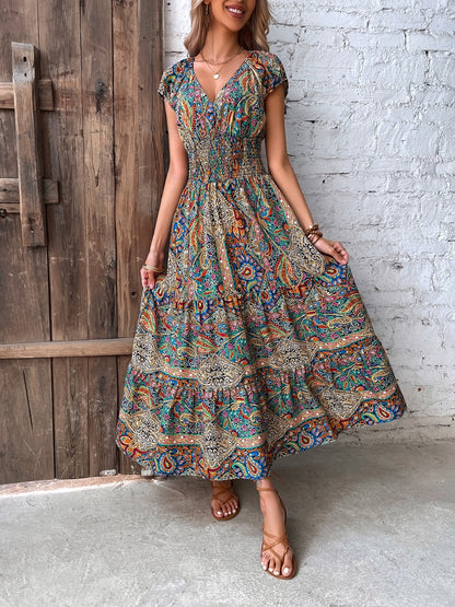 Honey Smocked Printed Cap Sleeve Midi Dress