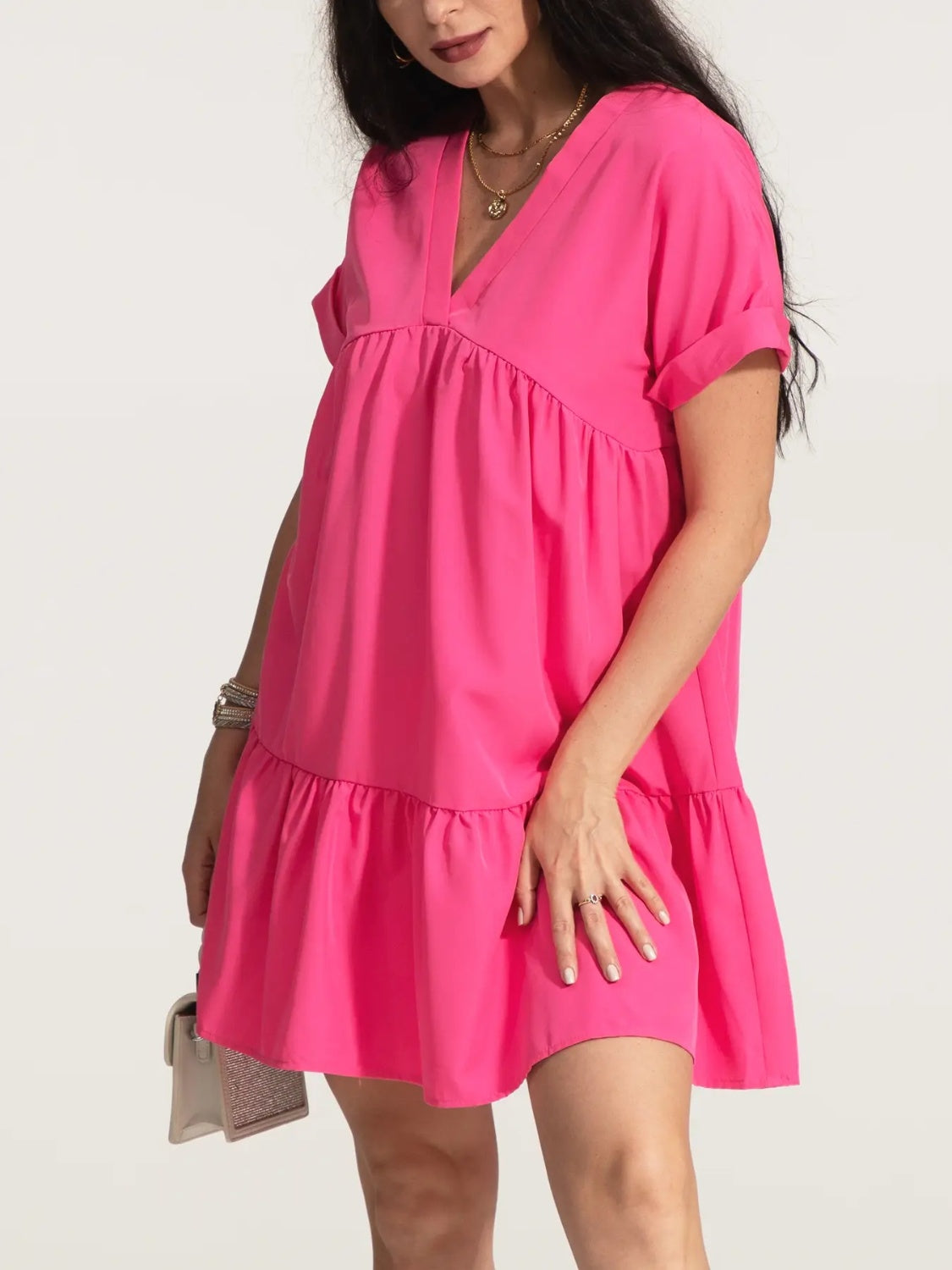 IZURIA V-Neck Short Sleeve Ruffle Hem Dress