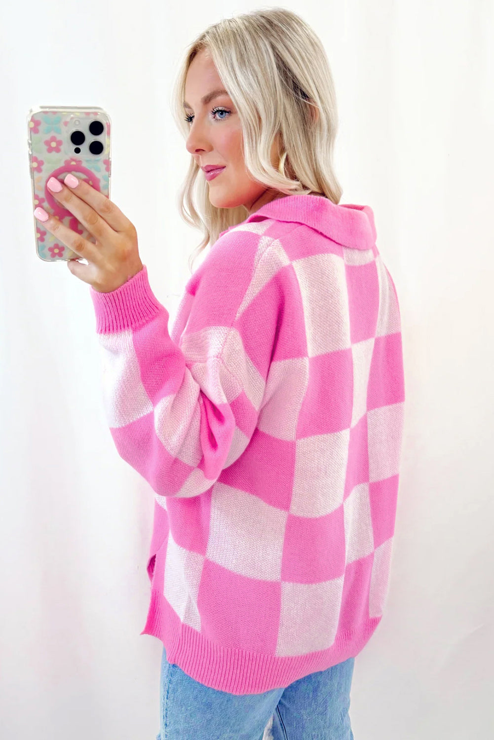 Slit Checkered Half Button Long Sleeve Sweater